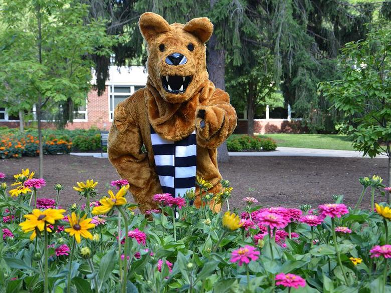 Nittany Lion posing with flowers
